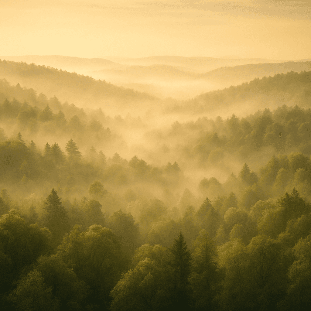 Misty forest canopy at golden hour